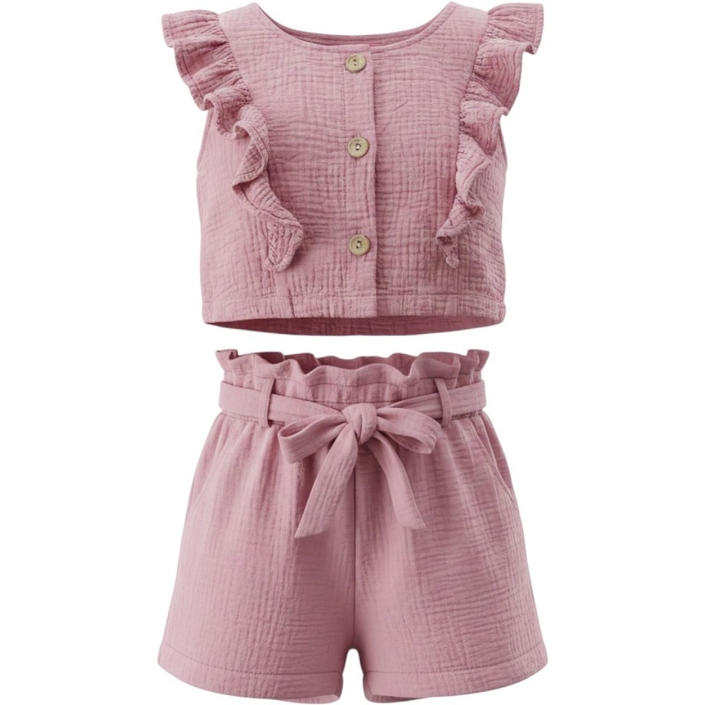Paper Doll Girls Mauve Pink Cotton Gauze Ruffle Top and Shorts Set S 7/8 #5